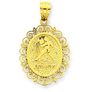 Aquarius Zodiac Oval Pendant in 14k Yellow Gold