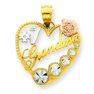 Number One Grandma Heart Pendant in 14k Tri-color Gold