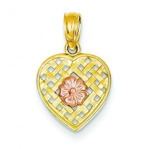 Woven Heart Pink Flower Pendant in 14k Two-tone Gold