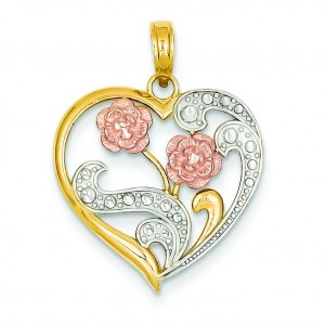 Flowers On Heart Pendant in 14k Two-tone Gold