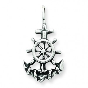 Antiqued Anchor Ship Wheel Pendant in Sterling Silver