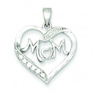 Mom CZ Heart Pendant in Sterling Silver
