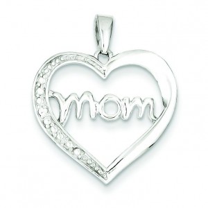 Mom CZ Heart Pendant in Sterling Silver