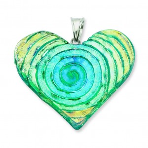 Blue Green Dichroic Glass Heart Pendant in Sterling Silver