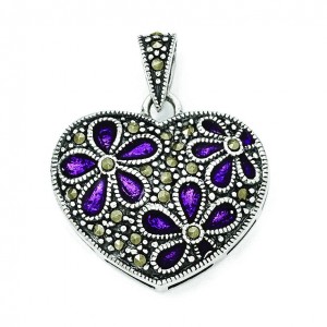Marcasite Purple Enamel Flower In Heart Pendant in Sterling Silver