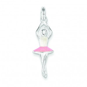 Pink White Enamel Ballerina Charm in Sterling Silver