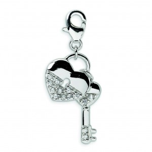 CZ Heart Key Lobster Clasp Charm in Sterling Silver