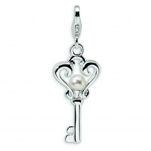Freshwater Cultured Pearl Key Lobster Clasp Charm in Sterling Silver