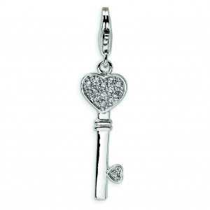 Heart Top CZ Key Lobster Clasp Charm in Sterling Silver