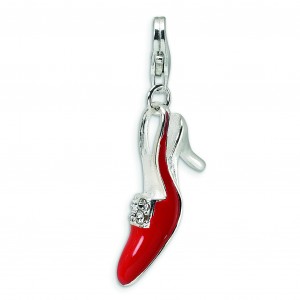 Red CZ High Heel Shoe Lobster Clasp Charm in Sterling Silver
