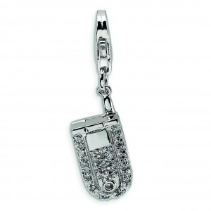 Flip Cell Phone CZ Lobster Clasp Charm in Sterling Silver