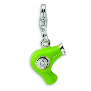 Green Hair Dryer Lobster Clasp Charm in Sterling Silver