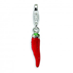 Red Enamel Pepper Lobster Clasp Charm in Sterling Silver