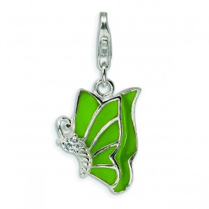 Green CZ Butterfly Lobster Clasp Charm in Sterling Silver