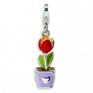 Red Enamel Potted Tulip Flower Lobster Clasp Charm in Sterling Silver