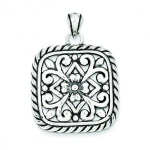 Antiqued Square Floral Pendant in Sterling Silver