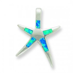 Blue Opal Inlay Flat Starfish Pendant in Sterling Silver