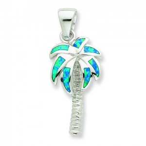 Blue Opal Inlay Palm Tree Pendant in Sterling Silver