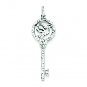 Dove Outline Top CZ Key Pendant in Sterling Silver