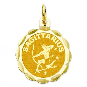 Engraveable Sagittarius Zodiac Scalloped Disc Charm in 14k Yellow Gold