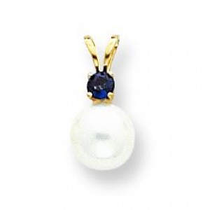 White Cultured Pearl Sapphire Pendant in 14k Yellow Gold