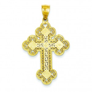 Budded Greek Key Cross in 14k Yellow Gold