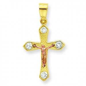 Small CZ Crucifix Pendant in 10k Two-tone Gold