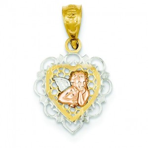 Filigree Angel Heart Pendant in 14k Tri-color Gold