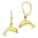 Jumping Dolphin Leverback Earrings in 14k Yellow Gold