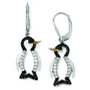 Enameled Black White CZ Penguin Leverback Earrings in Sterling Silver