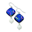 Blue Dichroic Glass W Fresh Water Cultured Pearl Dangle Earrings in Sterling Silver
