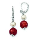 Freshwater Cultured Pearl Red Coral Earrings in Sterling Silver