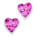 Pink Crystal Enameled Heart Post Earrings in Sterling Silver
