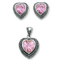 Pink CZ Heart Pendant Earrings Set in Sterling Silver