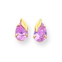 Pink Pear Shaped CZ With Leaf Post Earrings in 14k Yellow Gold
