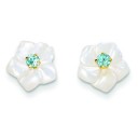 Mother Of Pearl Flower With Blue Topaz Post Earrings in 14k Yellow Gold