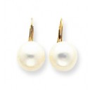 White Button Cultured Pearl Leverback Earrings in 14k Yellow Gold